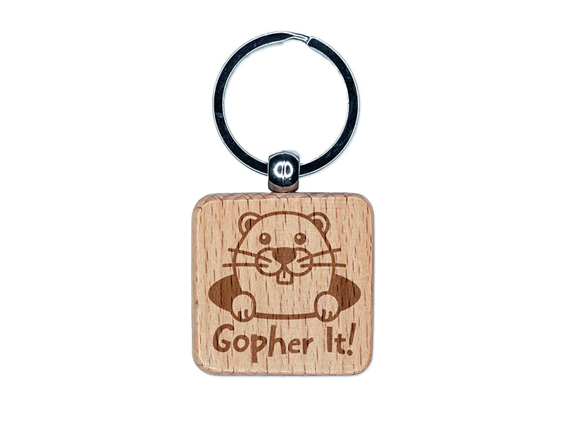Peeking Gopher Go For It Engraved Wood Square Keychain Tag Charm
