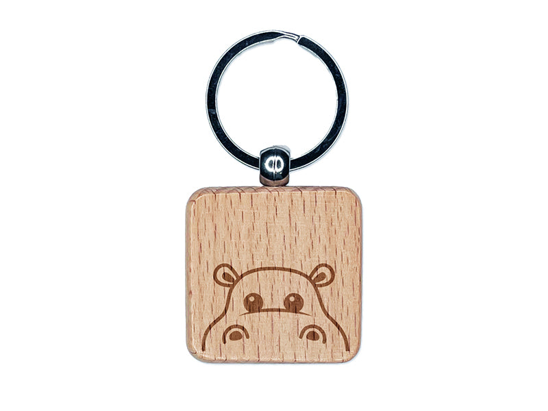 Peeking Hippopotamus Engraved Wood Square Keychain Tag Charm