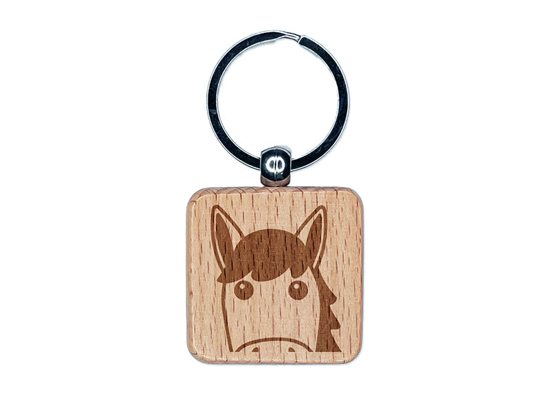 Peeking Horse Engraved Wood Square Keychain Tag Charm
