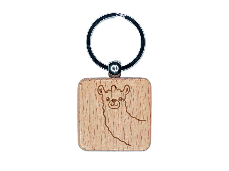 Peeking Llama Engraved Wood Square Keychain Tag Charm