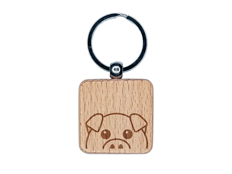 Peeking Pig Engraved Wood Square Keychain Tag Charm