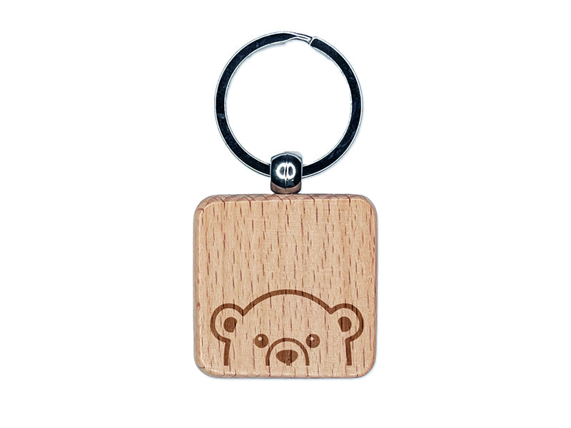 Peeking Polar Bear Engraved Wood Square Keychain Tag Charm