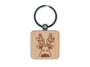 Peeking Reindeer with Lights Christmas Engraved Wood Square Keychain Tag Charm