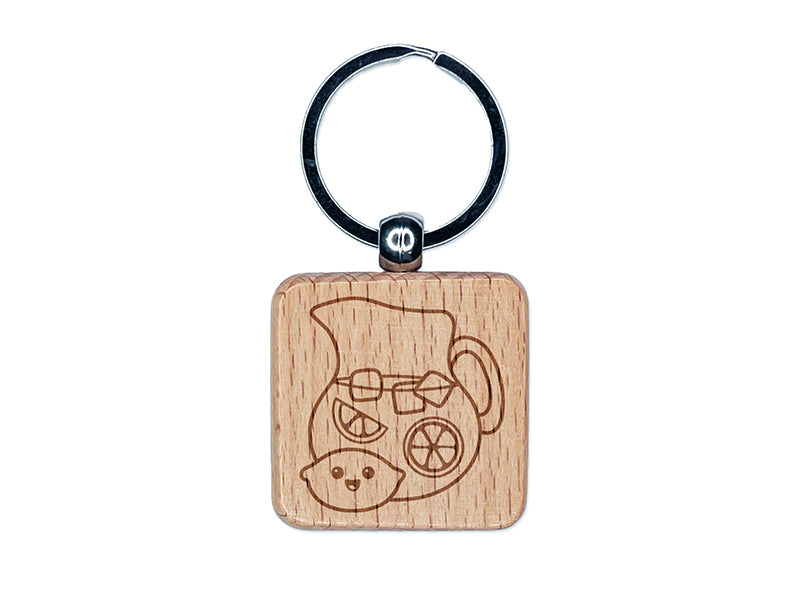 Pitcher of Lemonade with Happy Lemon Engraved Wood Square Keychain Tag Charm