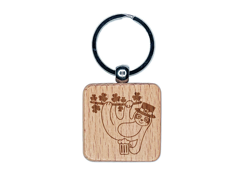 Saint Patrick's Day Sloth Lucky Irish Drinking Beer Engraved Wood Square Keychain Tag Charm