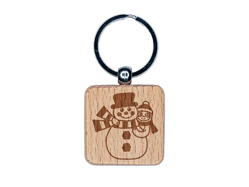 Sloth and Snowman Winter Friends Engraved Wood Square Keychain Tag Charm