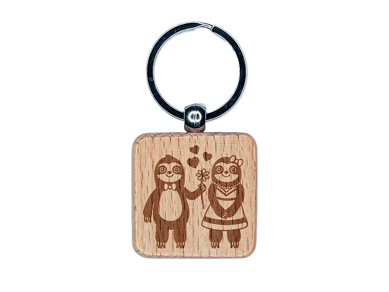 Sloth Couple in Love Anniversary Valentine's Day Engraved Wood Square Keychain Tag Charm