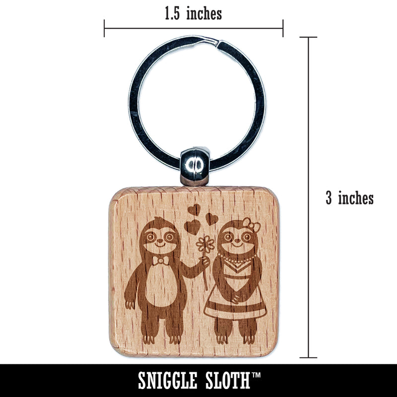 Sloth Couple in Love Anniversary Valentine's Day Engraved Wood Square Keychain Tag Charm