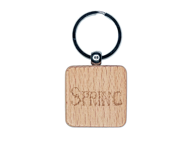 Spring Floral Text Engraved Wood Square Keychain Tag Charm