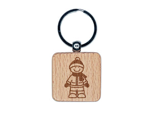 Stick Figure Winter Boy Engraved Wood Square Keychain Tag Charm