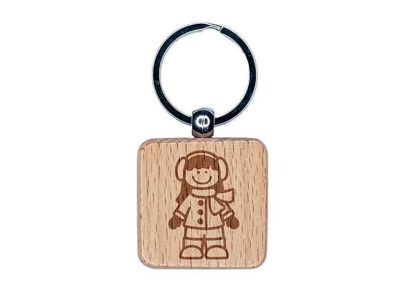 Stick Figure Winter Girl Engraved Wood Square Keychain Tag Charm