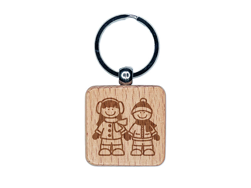 Stick Figure Winter Kids Engraved Wood Square Keychain Tag Charm