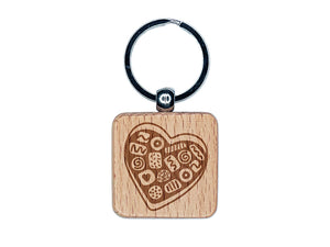 Valentine's Day Heart Box Of Chocolates Engraved Wood Square Keychain Tag Charm