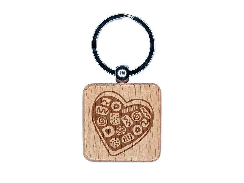 Valentine's Day Heart Box Of Chocolates Engraved Wood Square Keychain Tag Charm