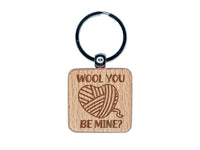 Wool Will You Be Mine Heart Yarn Love Valentine's Day Engraved Wood Square Keychain Tag Charm