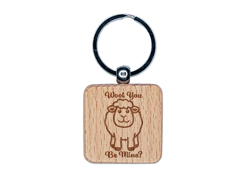 Wool Will You Be Mine Sheep Love Valentine's Day Engraved Wood Square Keychain Tag Charm