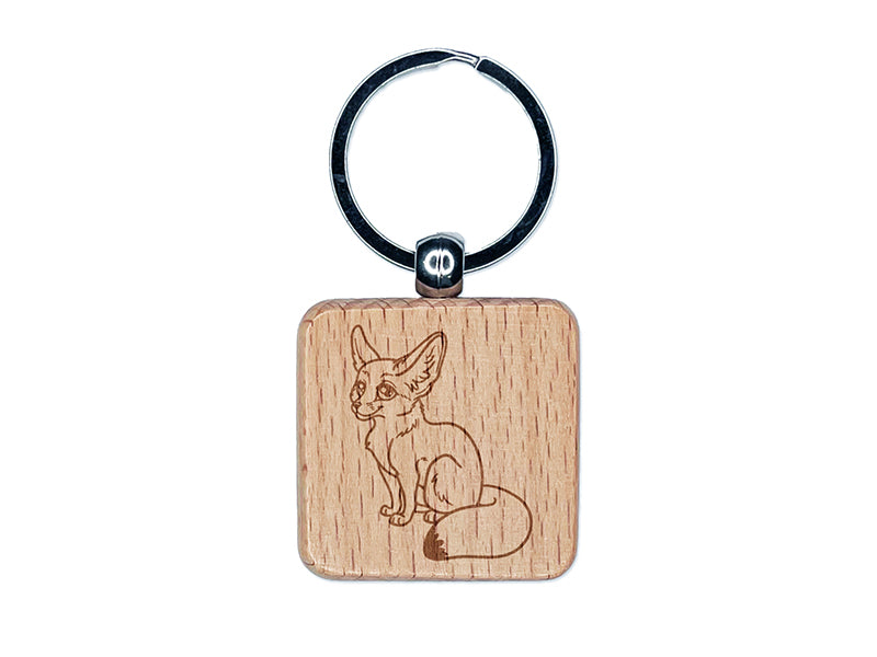 Adorable Fennec Fox Engraved Wood Square Keychain Tag Charm