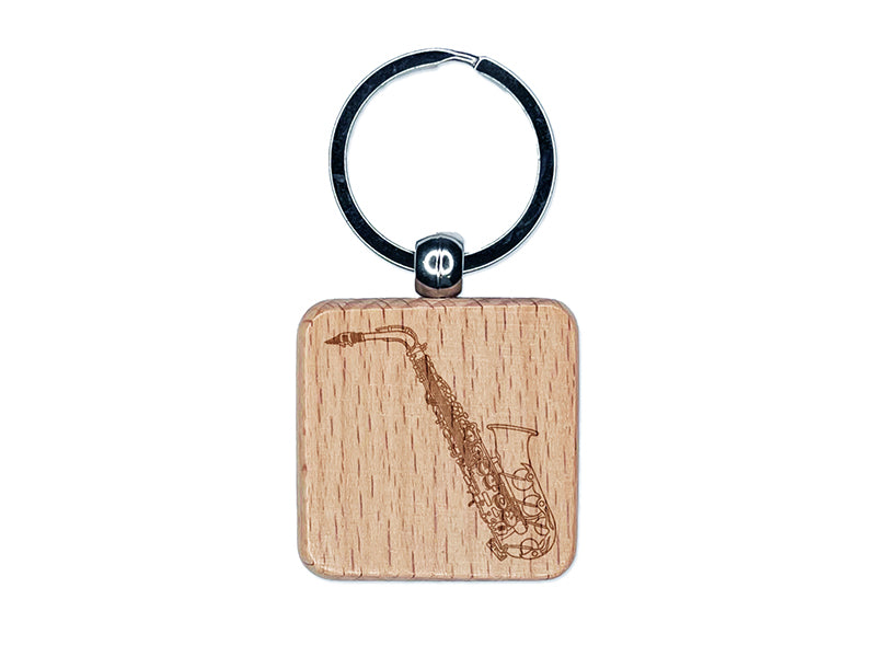 Alto Saxophone Woodwind Musical Instrument Engraved Wood Square Keychain Tag Charm