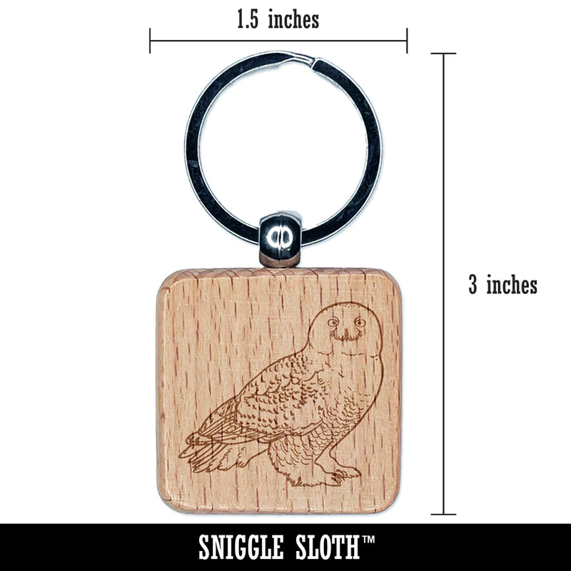 Beautiful Snowy Owl Engraved Wood Square Keychain Tag Charm