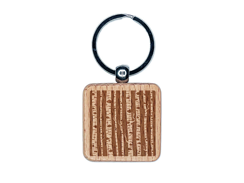 Birch Wood Trees Solid Background Engraved Wood Square Keychain Tag Charm