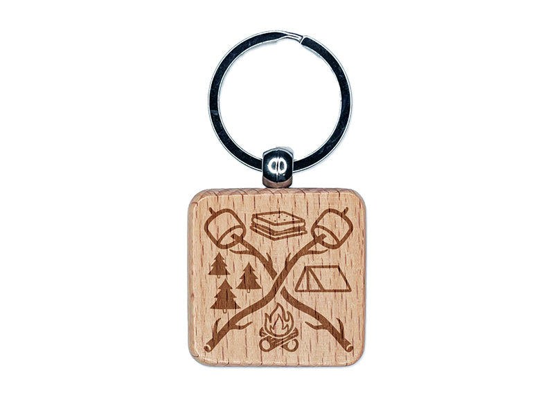 Camping S'mores Campfire Tent Marshmallows Engraved Wood Square Keychain Tag Charm