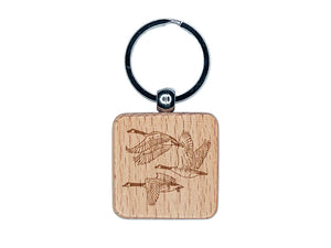 Canadian Canada Geese Flying Goose Engraved Wood Square Keychain Tag Charm