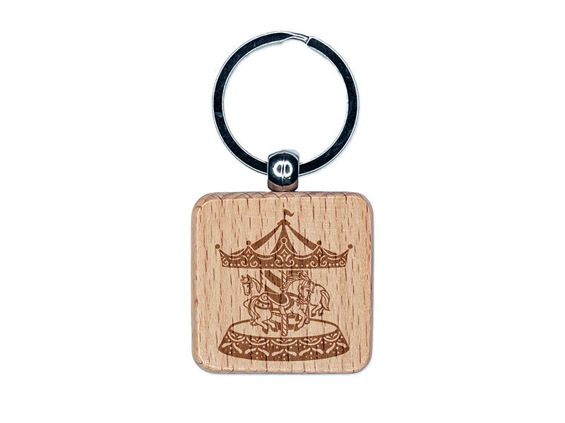 Carousel at a Carnival Fair Amusement Park Merry-Go-Round Engraved Wood Square Keychain Tag Charm