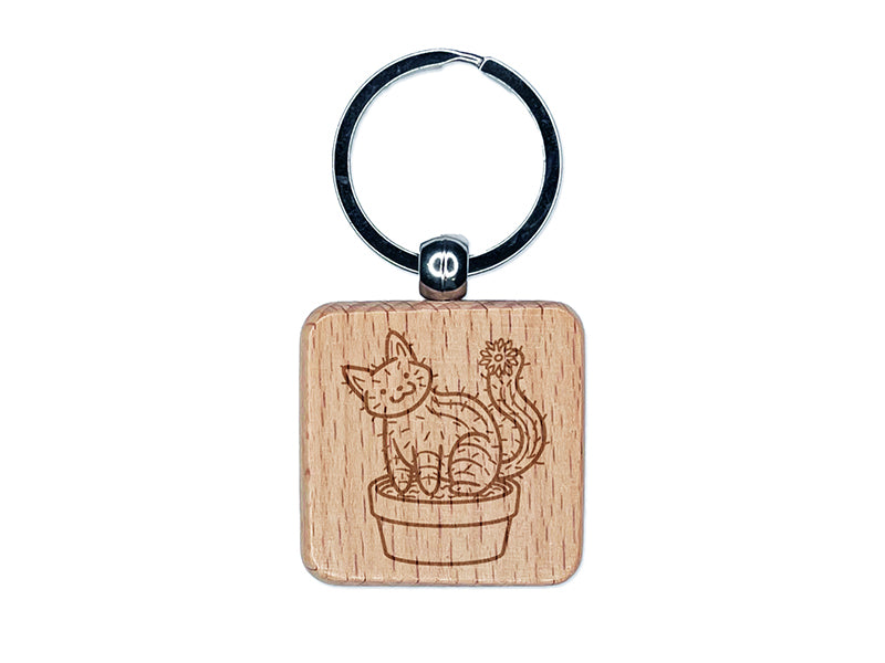 Catcus Cactus Cat Pun Engraved Wood Square Keychain Tag Charm