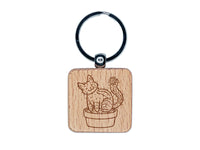 Catcus Cactus Cat Pun Engraved Wood Square Keychain Tag Charm