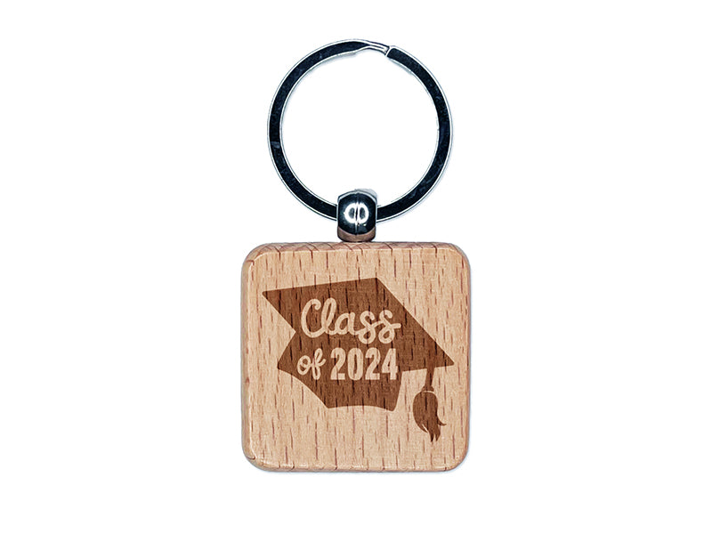 Class of 2024 Written on Graduation Cap Engraved Wood Square Keychain Tag Charm