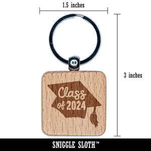 Class of 2024 Written on Graduation Cap Engraved Wood Square Keychain Tag Charm