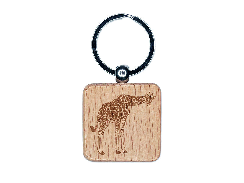 Curious African Giraffe Engraved Wood Square Keychain Tag Charm