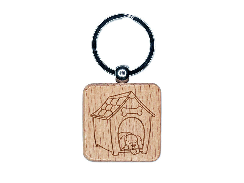 Dog Resting in Dog House Engraved Wood Square Keychain Tag Charm