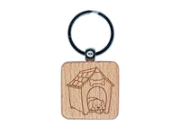 Dog Resting in Dog House Engraved Wood Square Keychain Tag Charm
