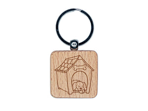 Dog Resting in Dog House Engraved Wood Square Keychain Tag Charm