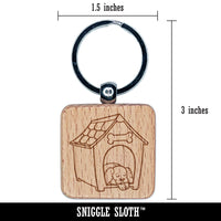 Dog Resting in Dog House Engraved Wood Square Keychain Tag Charm