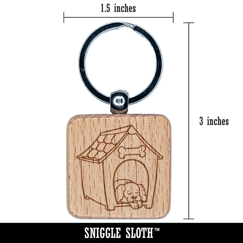 Dog Resting in Dog House Engraved Wood Square Keychain Tag Charm