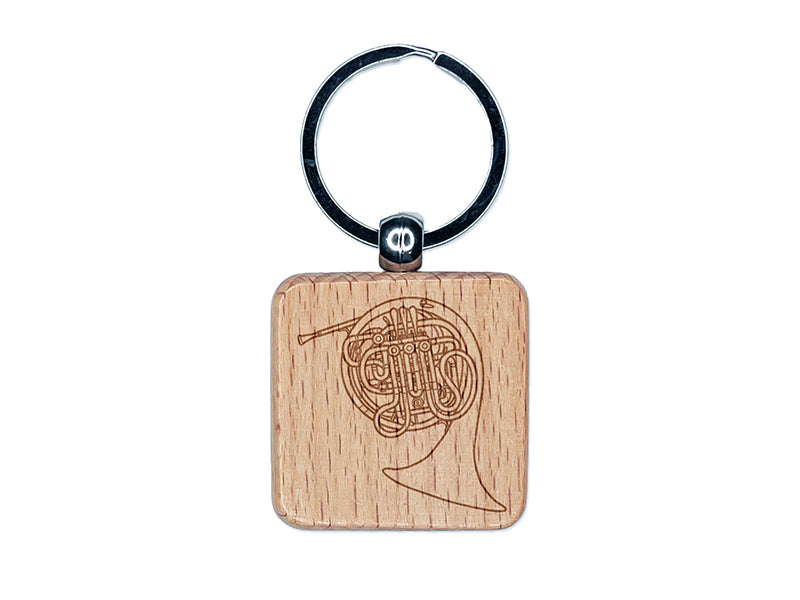 Double French Horn Brass Musical Instrument Engraved Wood Square Keychain Tag Charm