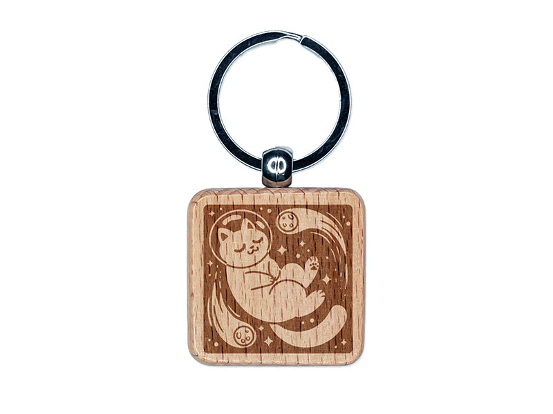 Dreamy Space Cat Engraved Wood Square Keychain Tag Charm