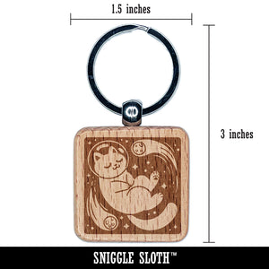 Dreamy Space Cat Engraved Wood Square Keychain Tag Charm