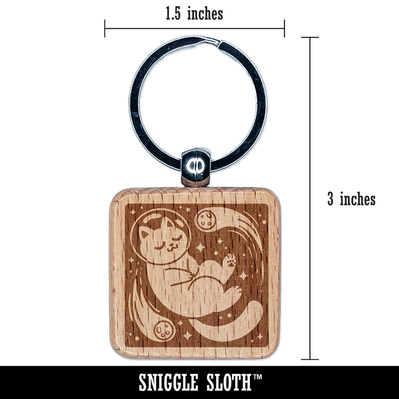 Dreamy Space Cat Engraved Wood Square Keychain Tag Charm