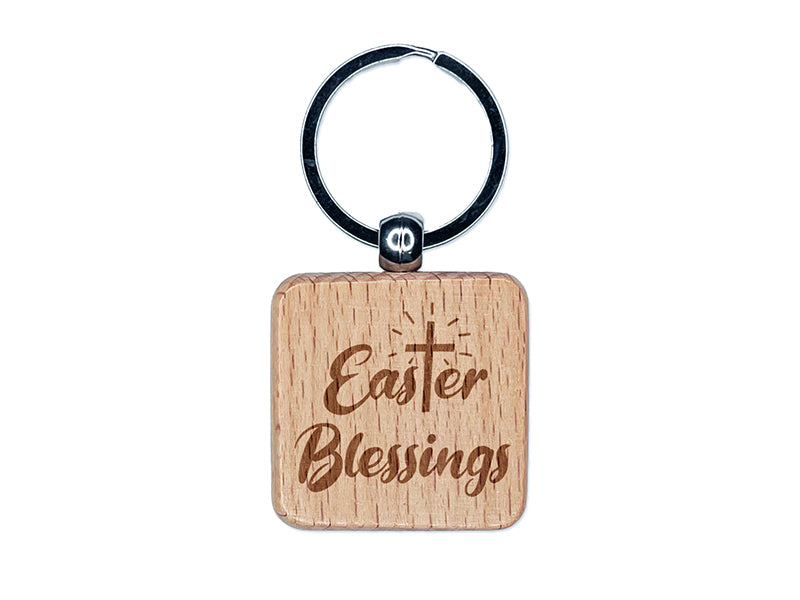 Easter Blessings Religious Cross Engraved Wood Square Keychain Tag Charm
