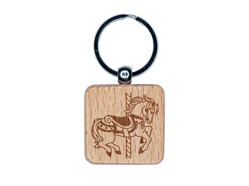 Fancy Carousel Horse Merry-Go-Round Engraved Wood Square Keychain Tag Charm