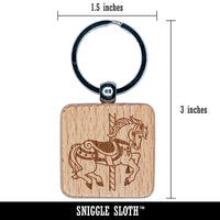 Fancy Carousel Horse Merry-Go-Round Engraved Wood Square Keychain Tag Charm