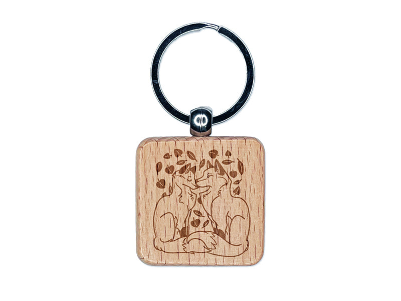 Foxes in Love Couple Anniversary Valentine's Day Engraved Wood Square Keychain Tag Charm