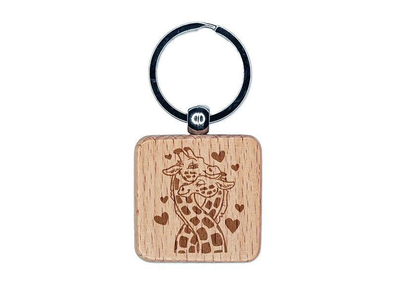 Giraffes in Love Necks Intertwined Anniversary Valentine's Day Engraved Wood Square Keychain Tag Charm