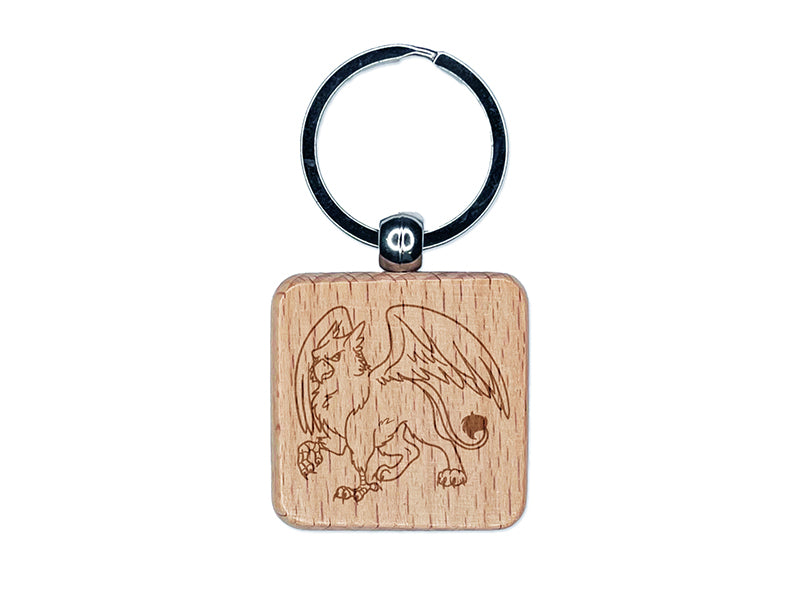 Gryphon Griffin Mythical Creature Engraved Wood Square Keychain Tag Charm