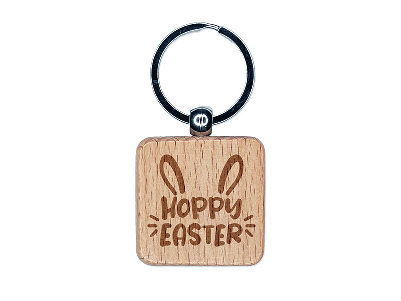 Hoppy Happy Easter Bunny Ears Engraved Wood Square Keychain Tag Charm