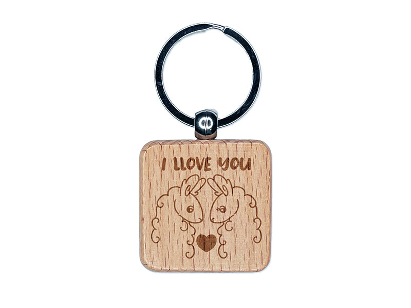 I Llove You Llama Couple Anniversary Love Valentine's Day Engraved Wood Square Keychain Tag Charm