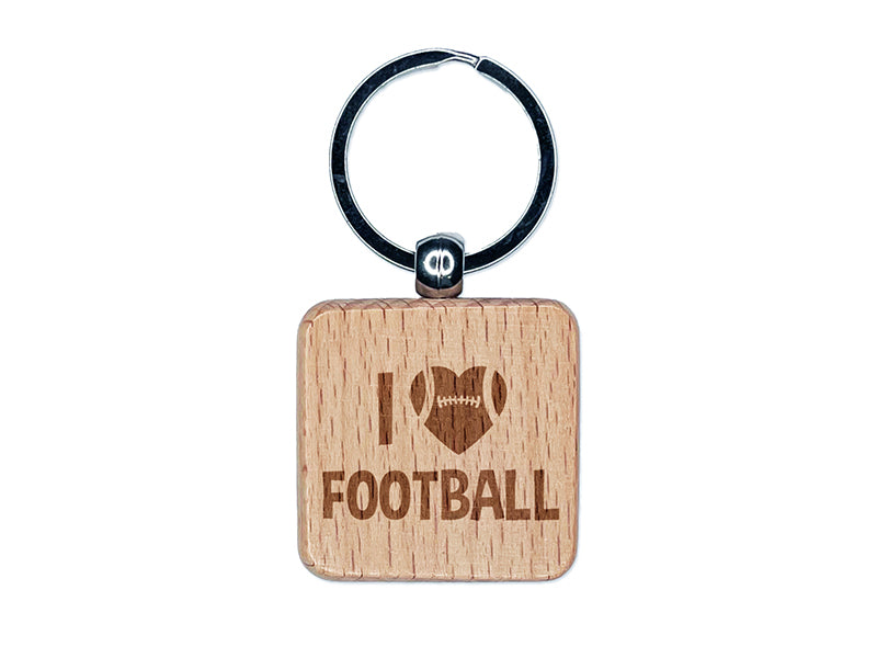 I Love Football Heart Shaped Ball Sports Engraved Wood Square Keychain Tag Charm